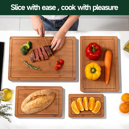 3-Piece Set Bamboo Cutting Board for Kitchen - Crack-Resistant Wood Chopping Boards with Deep Juice Grooves, Pre-Oiled Butcher Block for Meat, Vegetables & Cheese, Carbonized