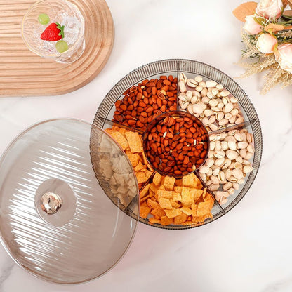 Divided Clear Snack Serving Tray with Lid, 6 Compartments Round Plastic Food Storage Organizer for Fruits, Nuts, Candies, Cookies, Stackable Snackle Box for Kitchen, Party and Picnic(Grey)