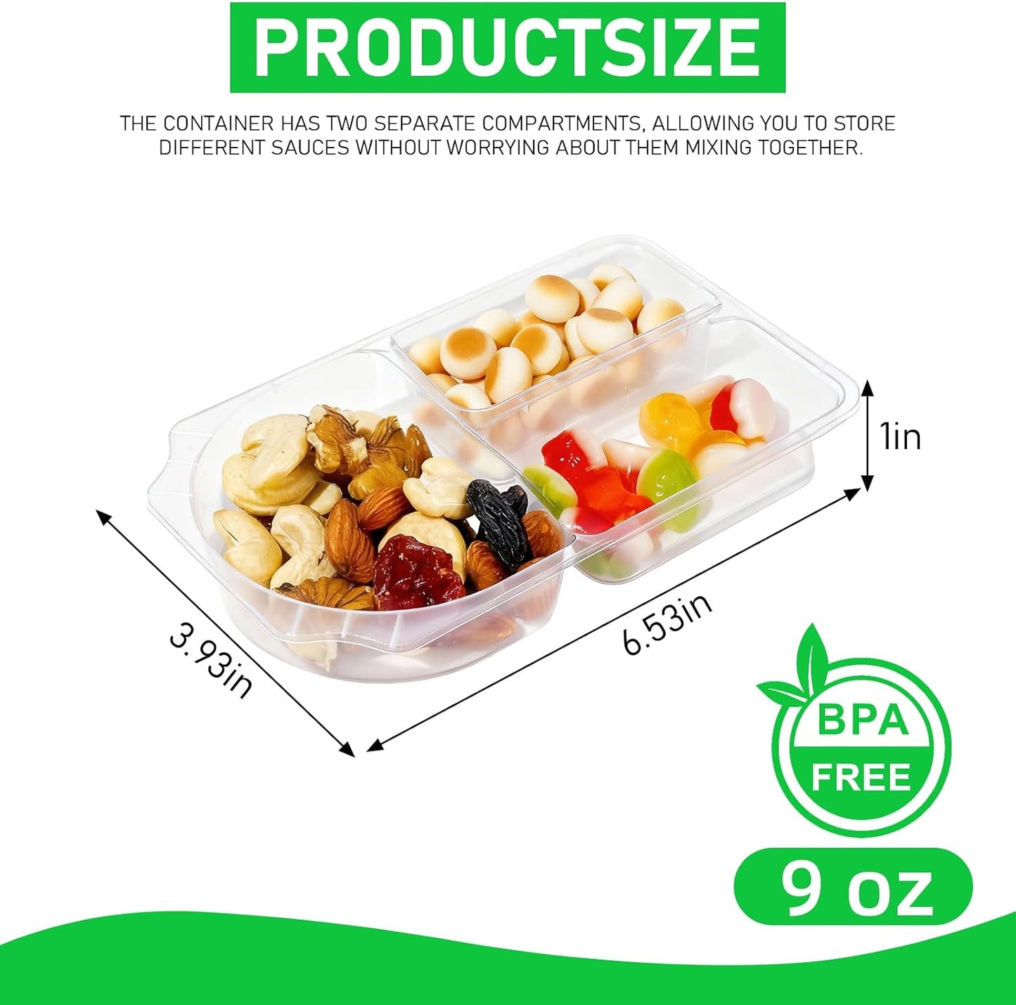 10 Sets 9oz Reusable Snack Containers with Lids – 3 Compartment Snack Pack Containers,Plastic Container for Sauce Snack –Snacks Meal Prep Travel