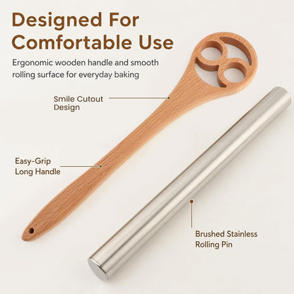 13 Inch Danish Dough Whisk, Wooden Dough Mixer for Sourdough Bread, Batter & Pizza Dough, Kitchen Hand Mixing Tool, Includes Stainless Steel Rolling Pin (Heart Style)