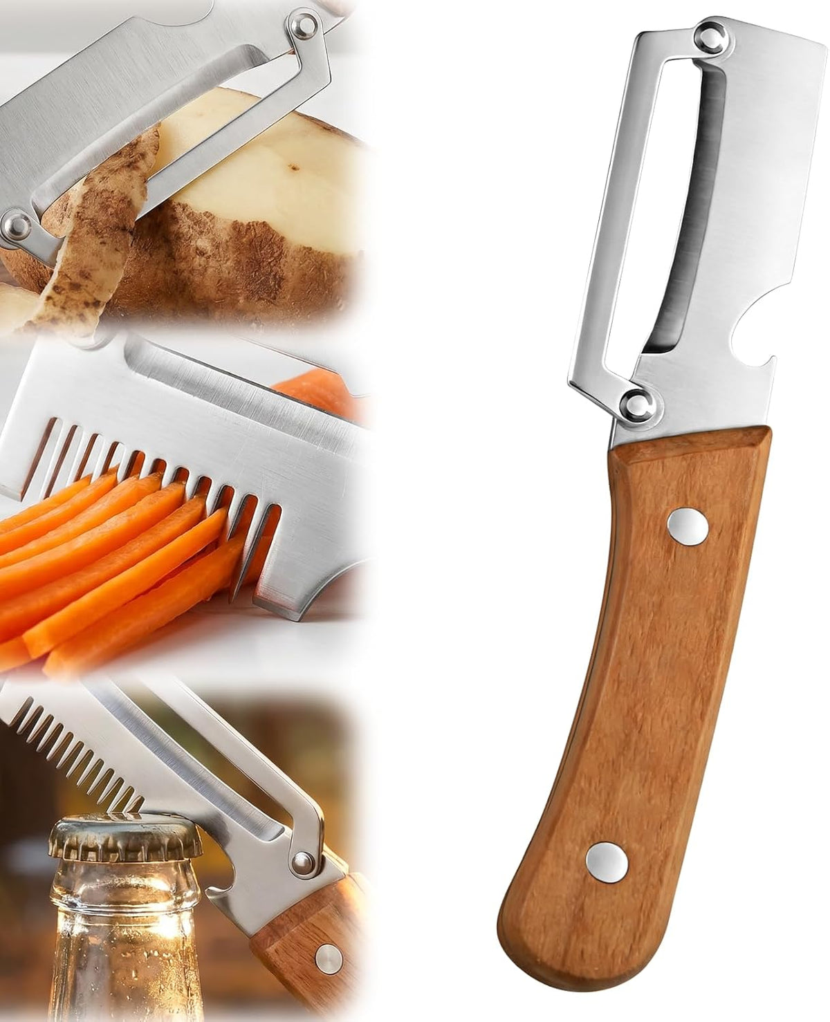 2026 Upgrade Vegetable Peeler and Julienne Peeler Set, Stainless Steel Vegetable Peelers for Kitchen with Wood Handles and Bottle Opener, 2-Pcs Multifunctional Vegetable Peeler Set