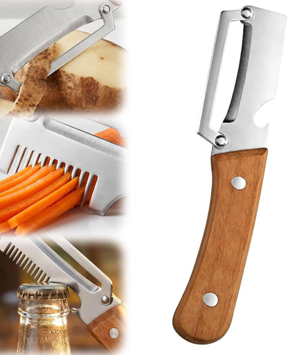 2026 Upgrade Vegetable Peeler and Julienne Peeler Set, Stainless Steel Vegetable Peelers for Kitchen with Wood Handles and Bottle Opener, 2-Pcs Multifunctional Vegetable Peeler Set