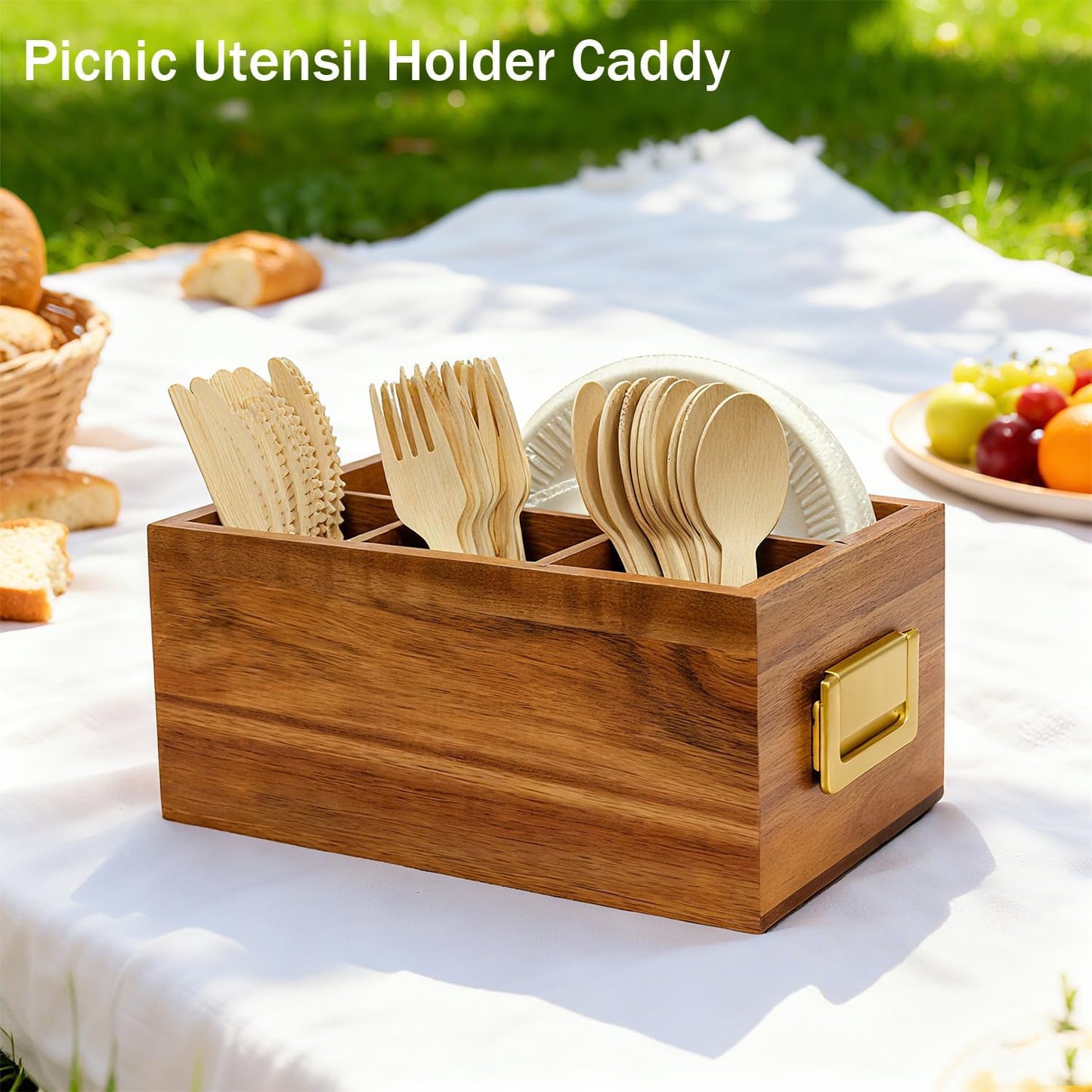 Acacia Silverware Holder for Party with Handle - Paper Plate Holders for Countertop - Wooden Utensil Caddy for Parties - Kitchen Spoon and Fork Organizer Silverware Caddy for Party Camping