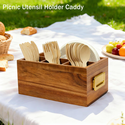 Acacia Silverware Holder for Party with Handle - Paper Plate Holders for Countertop - Wooden Utensil Caddy for Parties - Kitchen Spoon and Fork Organizer Silverware Caddy for Party Camping