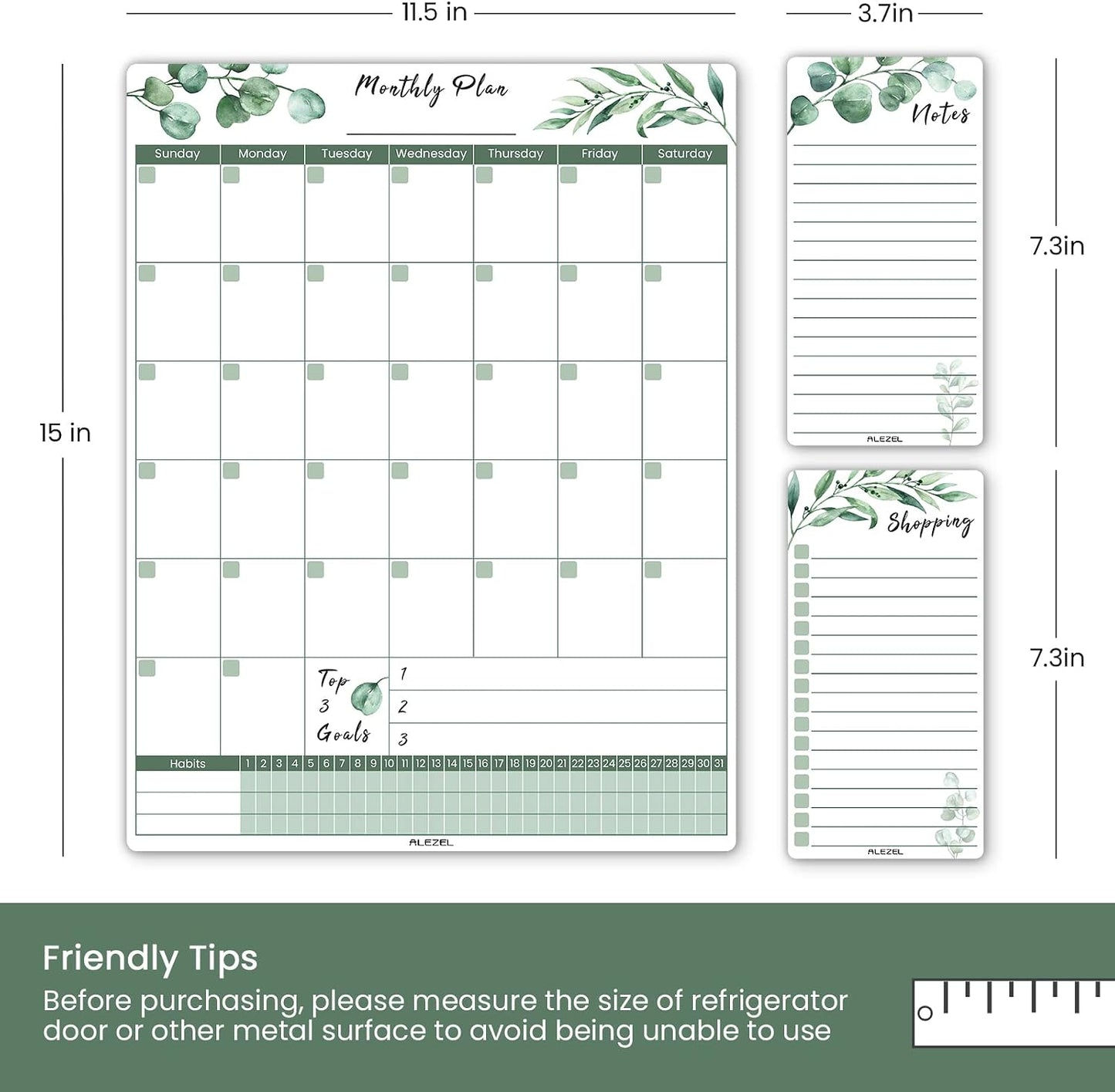 ALEZEL Magnetic Dry Erase Calendar for Fridge, Greenery Monthly Fridge Calendar Whiteboard Set - Vertical Monthly Calendar for Refrigerator, Grocery & to Do List White Board, 3 Markers + Eraser