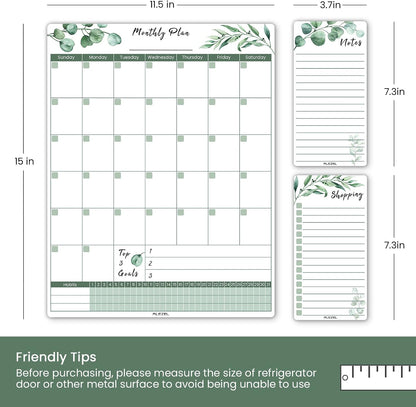 ALEZEL Magnetic Dry Erase Calendar for Fridge, Greenery Monthly Fridge Calendar Whiteboard Set - Vertical Monthly Calendar for Refrigerator, Grocery & to Do List White Board, 3 Markers + Eraser