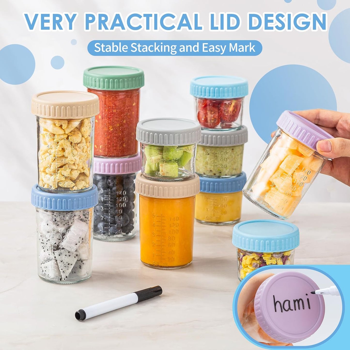 DRKIO 12 Pack Glass Baby Food Storage Containers - 4 Oz Baby Food Jars with Lids Baby Food Maker Microwave Dishwasher Freezer Safe 100% Leak Proof BPA Free Reusable