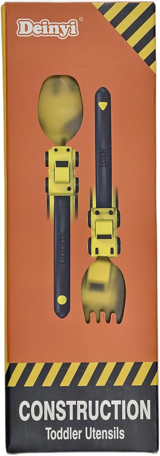 Deinyi Construction Toddler Utensils - Toddler Forks and Spoons - Kids Construction Toys Utensils - Forks and Spoons Silverware Set - Easter Birthday for 1 2 3 4 5 year old, Yellow