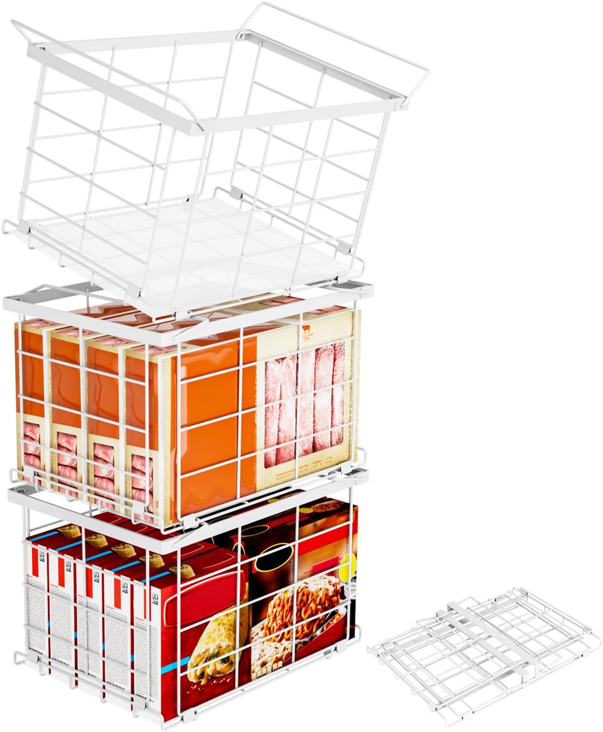 Freezer Organizer Bins, Upgrade Quick Expand/Collapse Feature, for 3.5 Cu.Ft Deep Freezer, 3 Pack Stackable Deep Freezer Organizer Bins, Black Wire Foldable Baskets with Handles (Black 3 Pack)