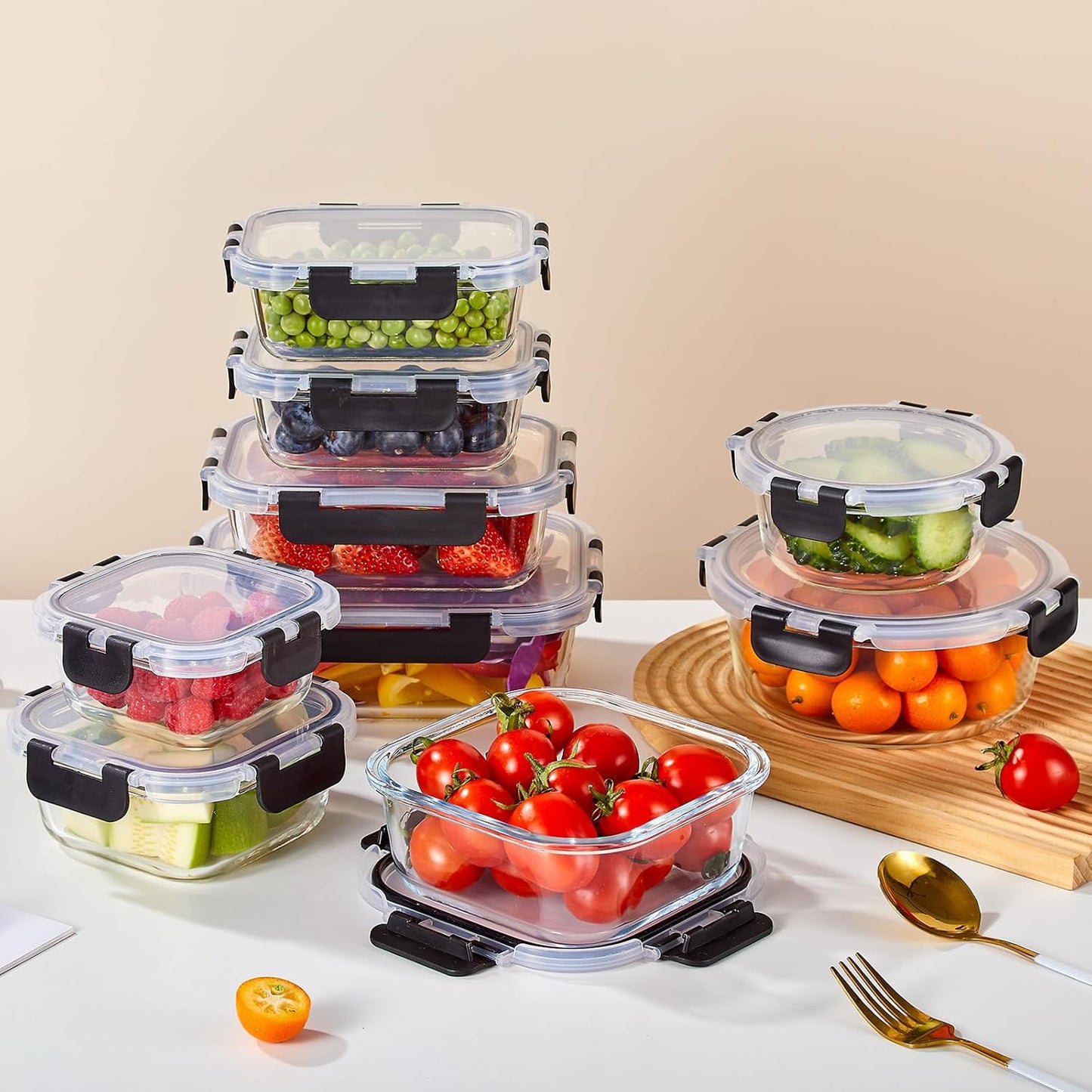 Liuruiyu 8 Pack 36OZ Glass Food Storage Containers with Lids, Meal Prep Containers, Airtight Bento Boxes with Leak Proof Locking for Microwave, Oven, Freezer and Dishwasher, BPA Free