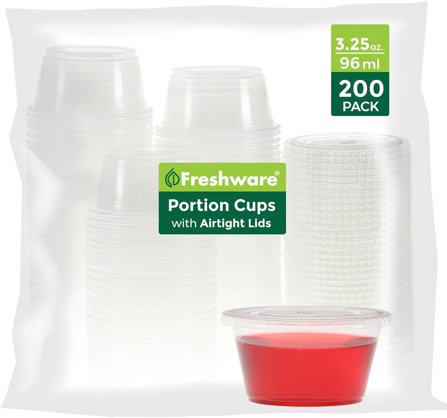 Freshware Plastic Portion Cups with Lids [2 Ounce, 200 Sets] Disposable Plastic Cups for Meal Prep, Salad Dressing, Jellos Shot Cups, Souffle Cups, Condiment and Dipping Sauce Cups