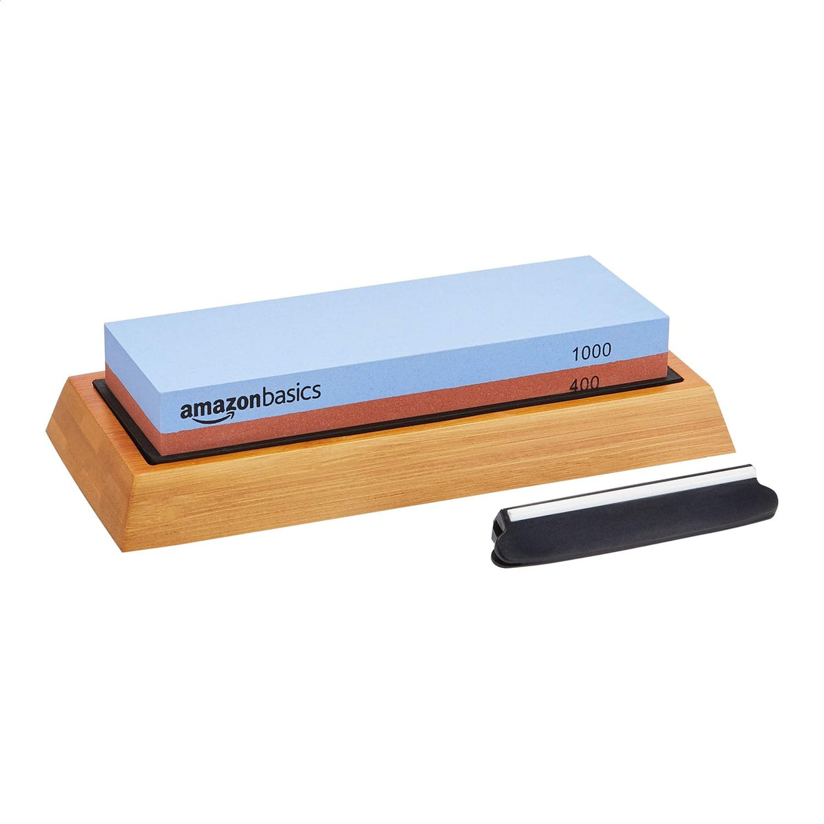 Amazon Basics Whetstone Knife Sharpening Stone, Double-Sided 1000/6000 Grit with Angle Guide, Non-Slip Bamboo Base, Black & Grey
