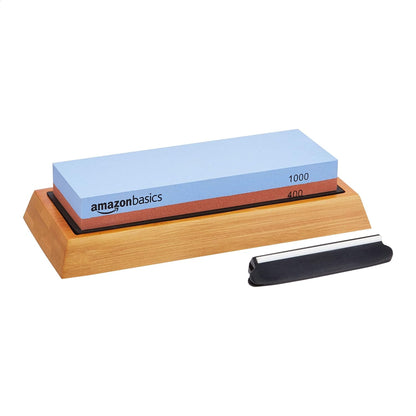 Amazon Basics Whetstone Knife Sharpening Stone, Double-Sided 1000/6000 Grit with Angle Guide, Non-Slip Bamboo Base, Black & Grey