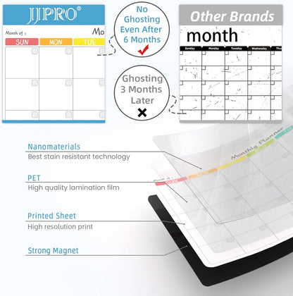 JJPRO Magnetic Monthly Calendar Whiteboard Set for Refrigerator-Monthly Planning Board, Weekly Menu Planner and to Do List for Fridge with 6 Markers-14.5" x11