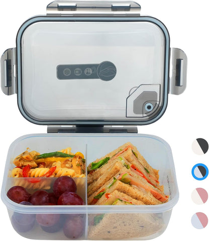 Bento Box Adult Lunch Box, 3 Compartment Meal Prep Containers with Lids, Clear Lunch Box Containers for Adults Men Women, Food Storage Containers - Microwave, Dishwasher Safe (Gray-Solid)