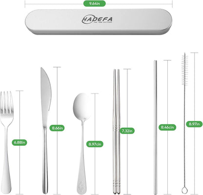7 in 1 Portable Utensils with Stainless Steel Case for Travel/Camping/Office/School, Reusable Eco-friendly Utensils Silverware Set with Knife/Fork/Spoon/Cleaning Brush/Straws