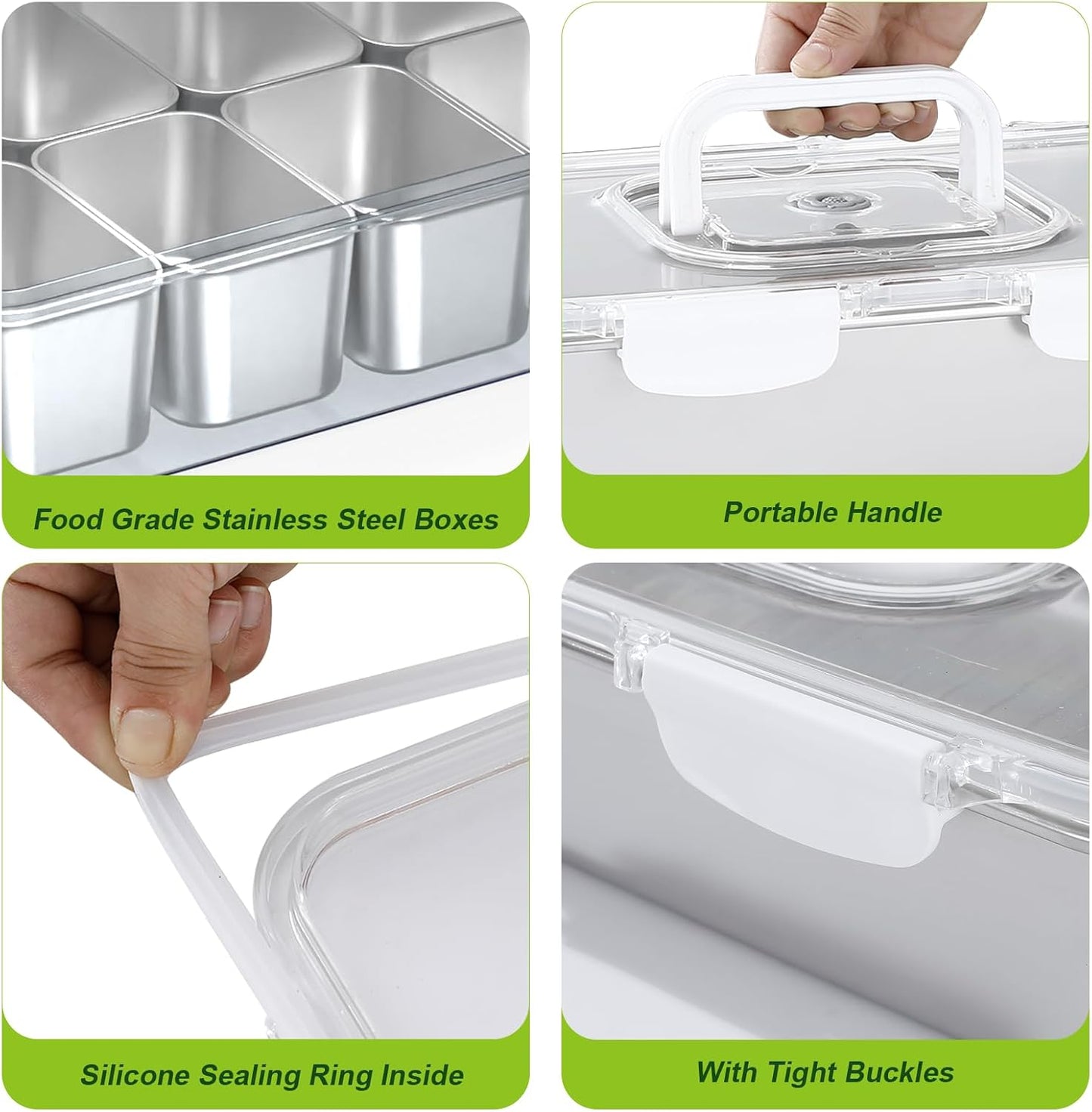 Snackle Box Container Stainless Steel - Reusable 8 Compartment Divided Serving Tray with Lid and Handle, Clear Portable Snack Containers Platters Storage Organizer for Snacks Fruit Candy Veggie Nuts