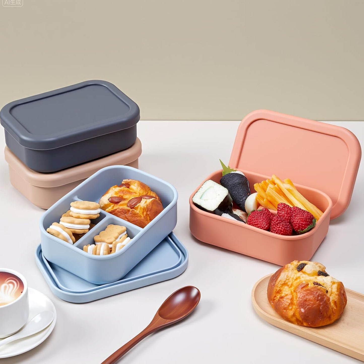 Honeydak 6 Pcs Silicone Bento Box Reusable Silicone Bento Lunch Container for Adults Microwave Dishwasher Freezer Safe 3 Compartment (Light Colors)