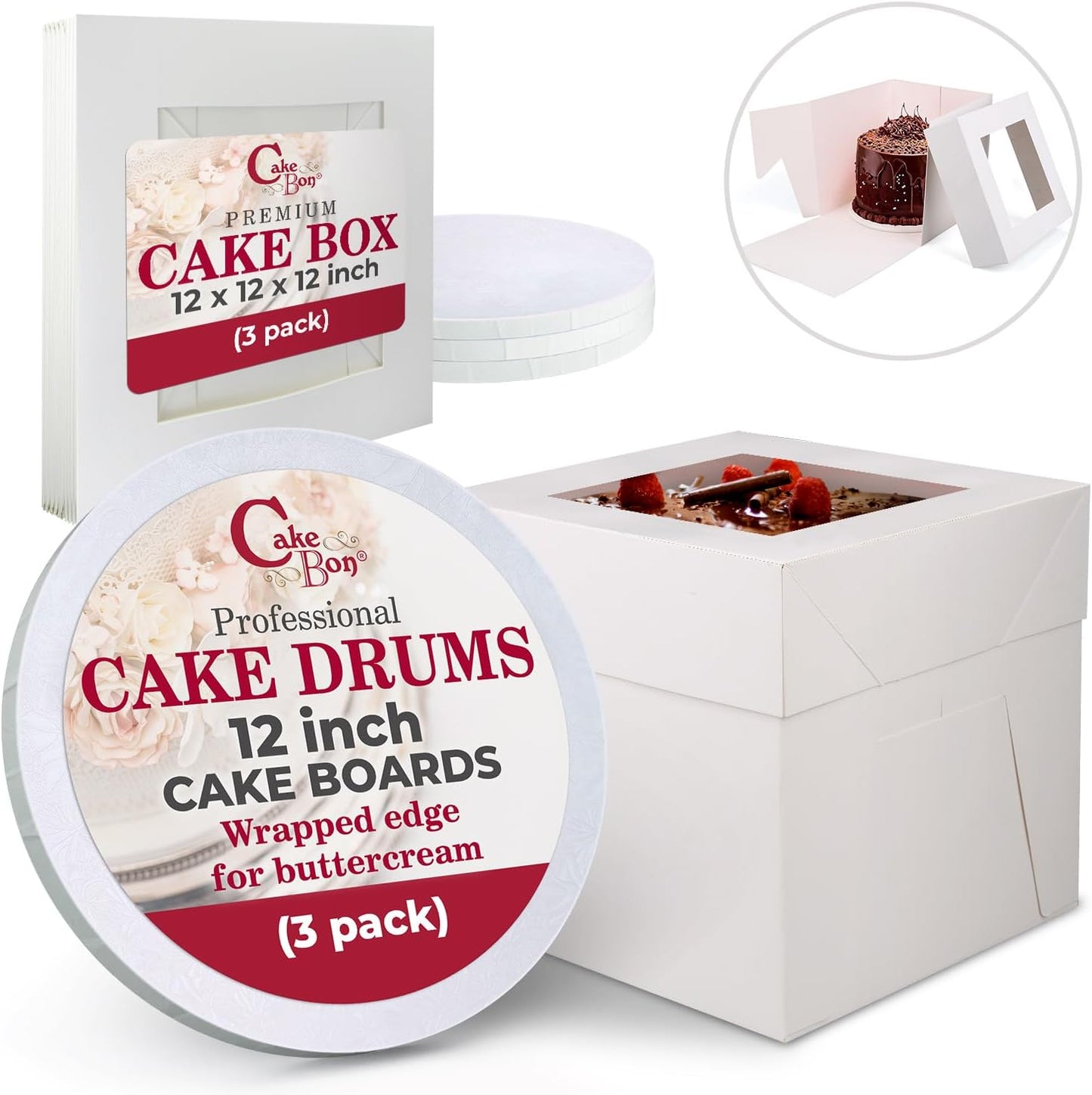 Cakebon Cake Boxes with Drums - 10 Inch Round White Cake Boards/Base para Pasteles (1-Pack) - Caja para Pasteles with Window for Birthdays, Weddings and Parties