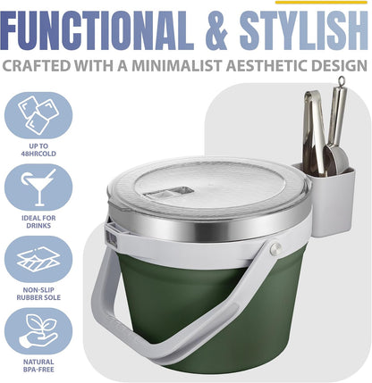 COKTIK 7L Vacuum Insulated Ice Bucket with Lid and Scoop& Tongs，Large capacity Stainless Steel Beverage Bucket for Cocktail, Champagne, Wine, Beer，Large Parties（Milk White Suit）