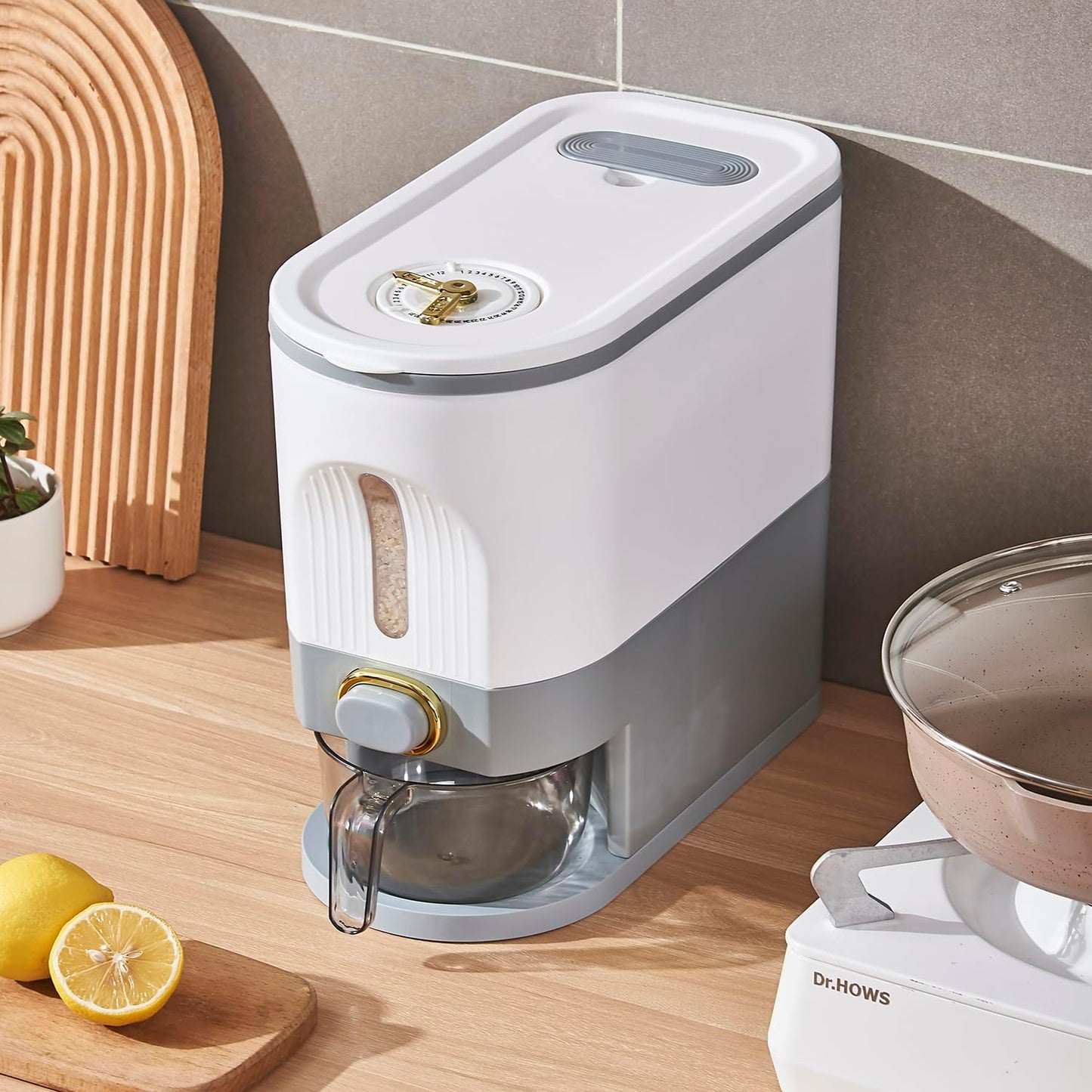 Gagee 22 Lbs Rice Dispenser, Large Grain Container Storage with Lid Measuring Cylinder Moisture Proof Household Cereal Dispenser Bucket for Kitchen Soybean Corn,Brown