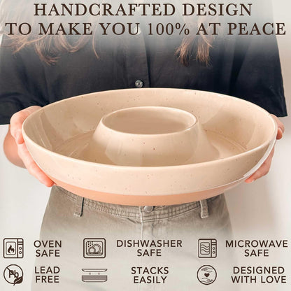 Mora Ceramic Chips and Dip Serving Tray: Large Divided Party Bowl Set for Chips & Salsa, Veggies & Dip, Fruit, Snacks, Entertaining, Hosting, etc. Minimalist Design for the Modern Hostess - White