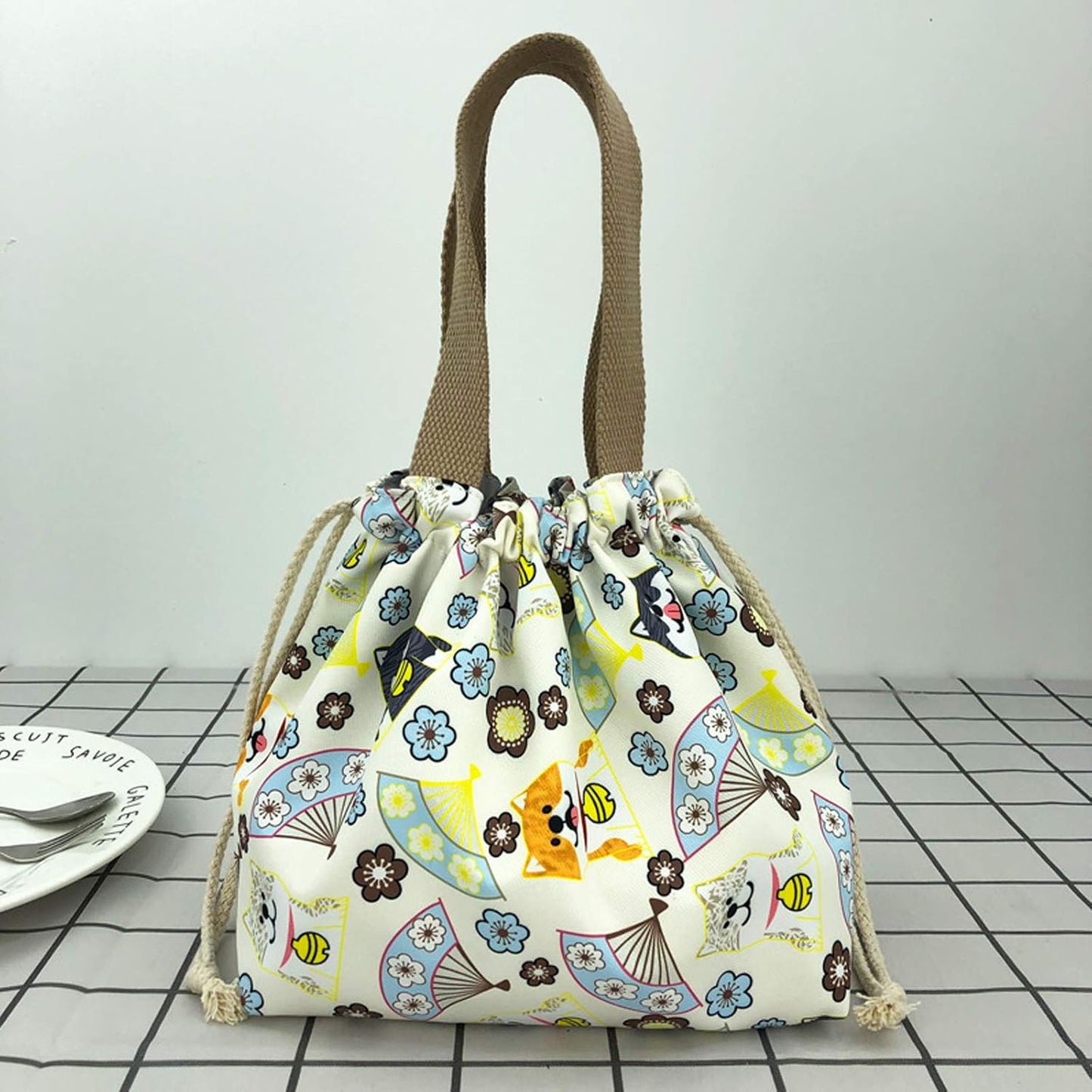 enyuwlcm Mini Lunch Tote Pouch Reusable Small Cute Lunch Bag with Drawstring Suitable for Girls Women Cat Blue