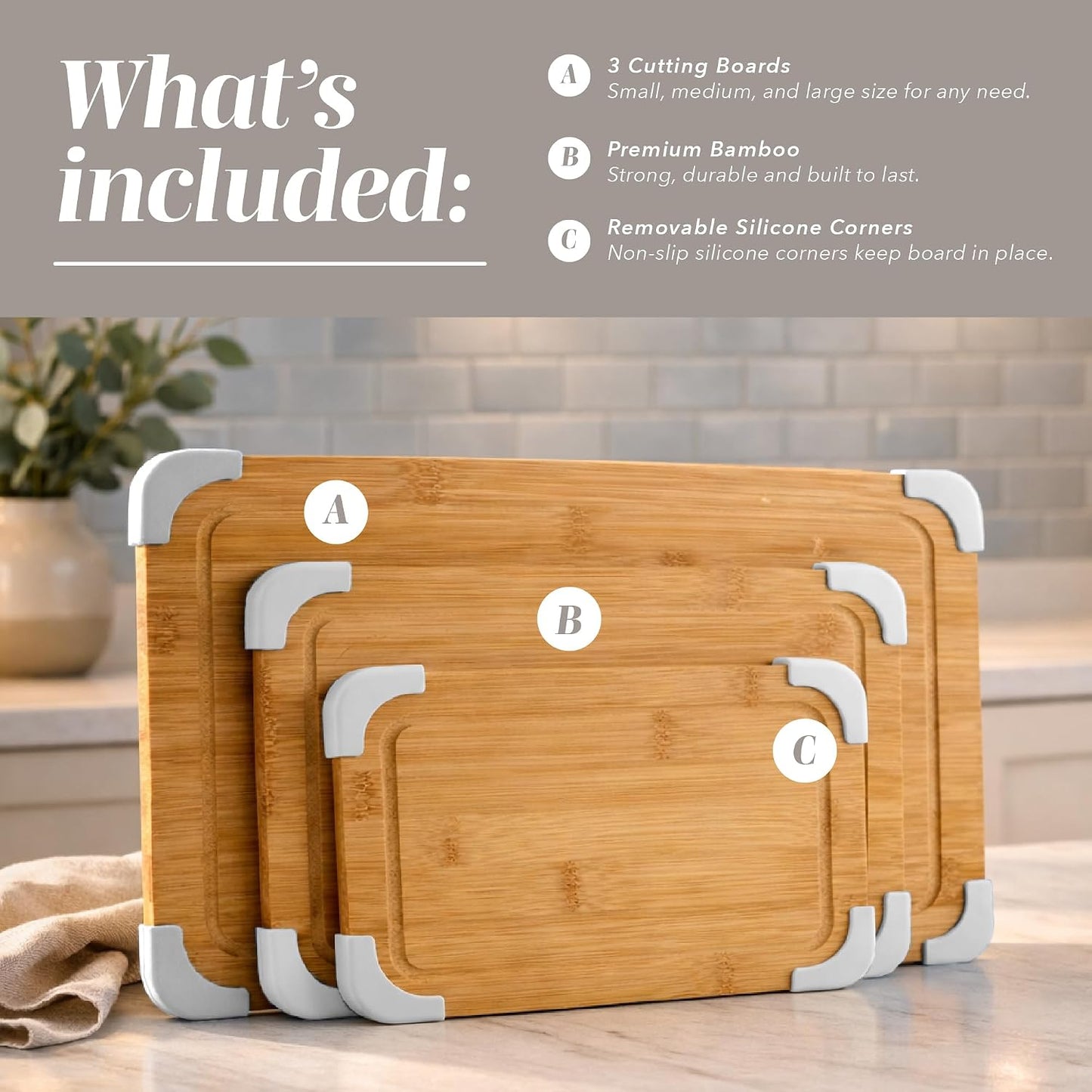 COOK WITH COLOR Non-Slip Cutting Board Set – Kitchen Essentials with Easy Grip Handle for Meat, Veggies, and Fruits, 3 Cutting Boards, Bamboo Non-Slip Grey