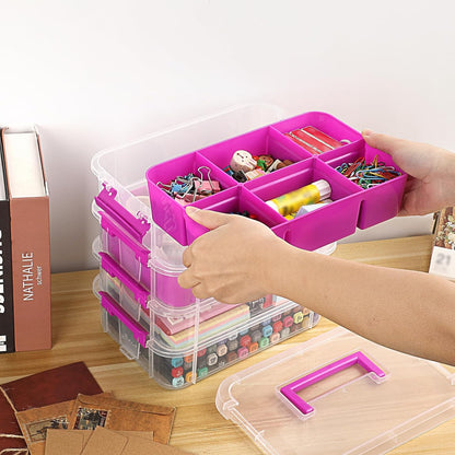 JUXYES 4-Tiers Plastic Stack Carry Storage Containers Box wih Handle Lids | Clear Stackable Latching Storage Bin With 2 Tray for School Office, Organizing Sewing, Art Craft, DIY Supplies, Blue