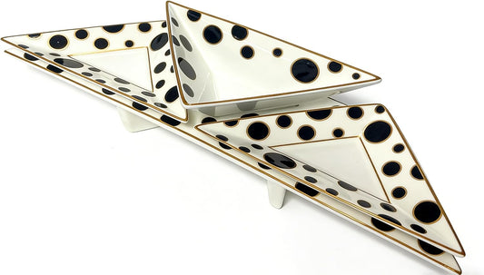 Porlien Triangle Porcelain Divided Serving Tray Set of 3 with Stand, Black and White Polka Dot Serving Platters, Small Plates for Desserts, Appetizers,Snacks, Fruits,Chips & Dip