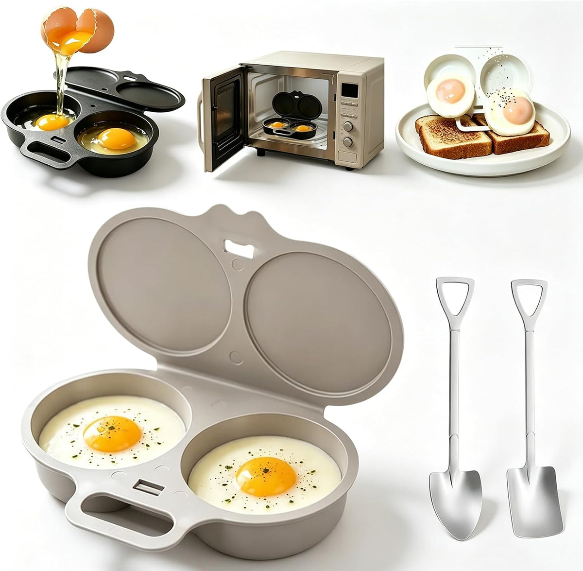 2027 Dual Cavity Microwave Egg Poacher With Lid & Handle，Black*2