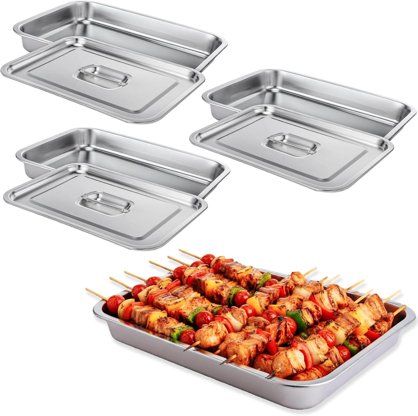 3 Pack Stainless Steel Grill Prep Trays with Lids 15.75" x 11.81" Large Hotel Pans Metal Food Tray Steam Table Pans for Restaurant Commercial Food Containers Supplies(1.97'' Deep)