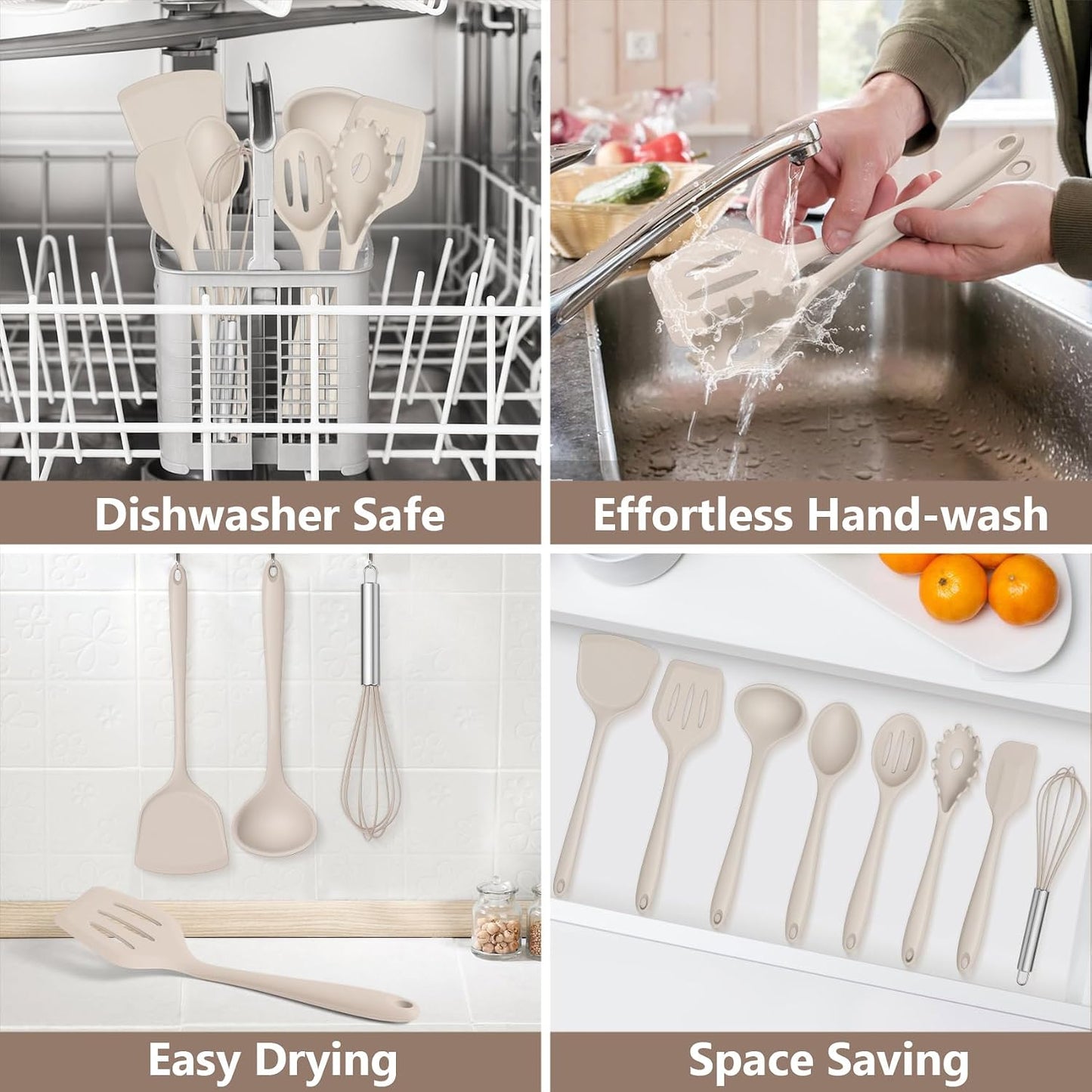 TeamFar Silicone Cooking Utensils Set, 8 PCS Kitchen Utensils Set, 446°F Heat Resistant, Turner, Spatula, Spoon, Whisk, Kitchen Cooking Gadgets Tools for Nonstick Cookware, Dishwasher Safe-Khaki