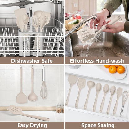 TeamFar Silicone Cooking Utensils Set, 8 PCS Kitchen Utensils Set, 446°F Heat Resistant, Turner, Spatula, Spoon, Whisk, Kitchen Cooking Gadgets Tools for Nonstick Cookware, Dishwasher Safe-Khaki