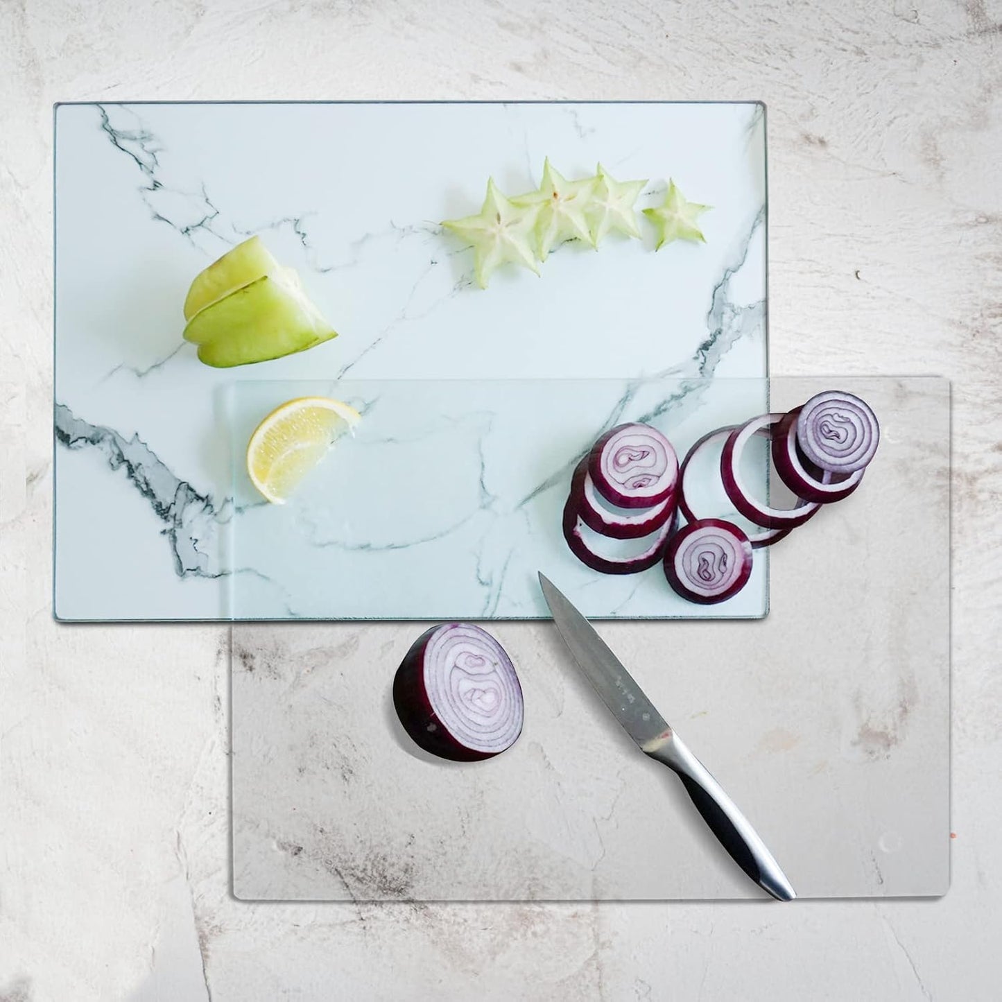 VASUHOME Tempered Glass Cutting Board Set of 2-16x12 inch Marble Pattern Cutting Board for Kitchen Counter - Scratch, Heat, Shatter Resistant and Easy to Clean- Black and Clear