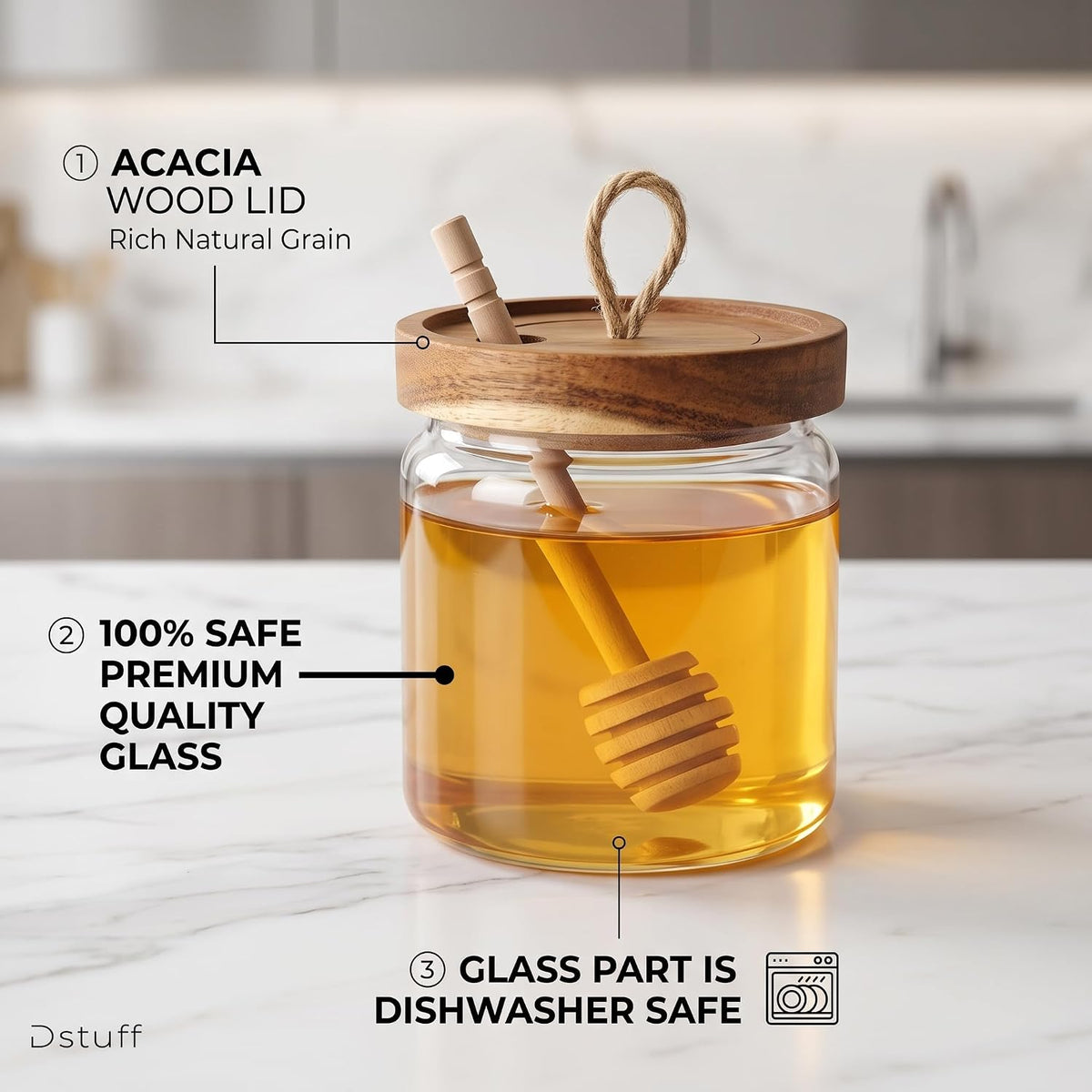 Honey Jar Pot Glass Holder Dispenser Set with Wooden Dipper Stick and Acacia Lid Cover - 14 Oz Honey Jar with Dipper and Lid - Modern Glass Honey Dispenser & Honey Drizzler for Home Kitchen Decor