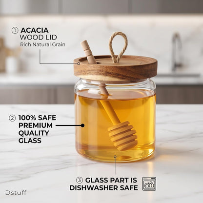 Honey Jar Pot Glass Holder Dispenser Set with Wooden Dipper Stick and Acacia Lid Cover - 14 Oz Honey Jar with Dipper and Lid - Modern Glass Honey Dispenser & Honey Drizzler for Home Kitchen Decor