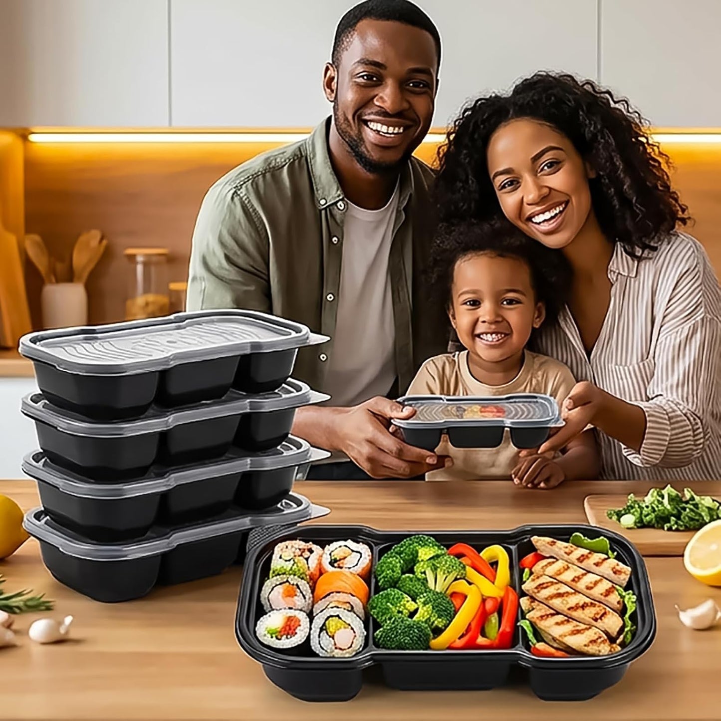 Hiceeden 50 Pack 16 Oz Small Meal Prep Containers with 3 Compartments, Disposable Plastic Bento Snack Boxes with Lid, Stackable Food Containers Reusable Travel Lunch Boxes for Office, School, Black