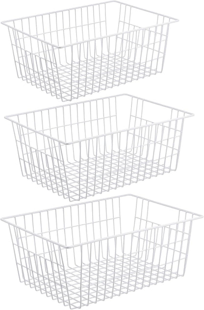 iPEGTOP Wire Storage Freezer Baskets, Set of 2 Large 15.4" Household Metal Organizer Storage Bins Basket for Kitchen Cabinets, Refrigerators, White