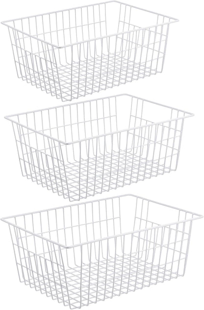 iPEGTOP Wire Storage Freezer Baskets, Set of 2 Large 15.4" Household Metal Organizer Storage Bins Basket for Kitchen Cabinets, Refrigerators, White