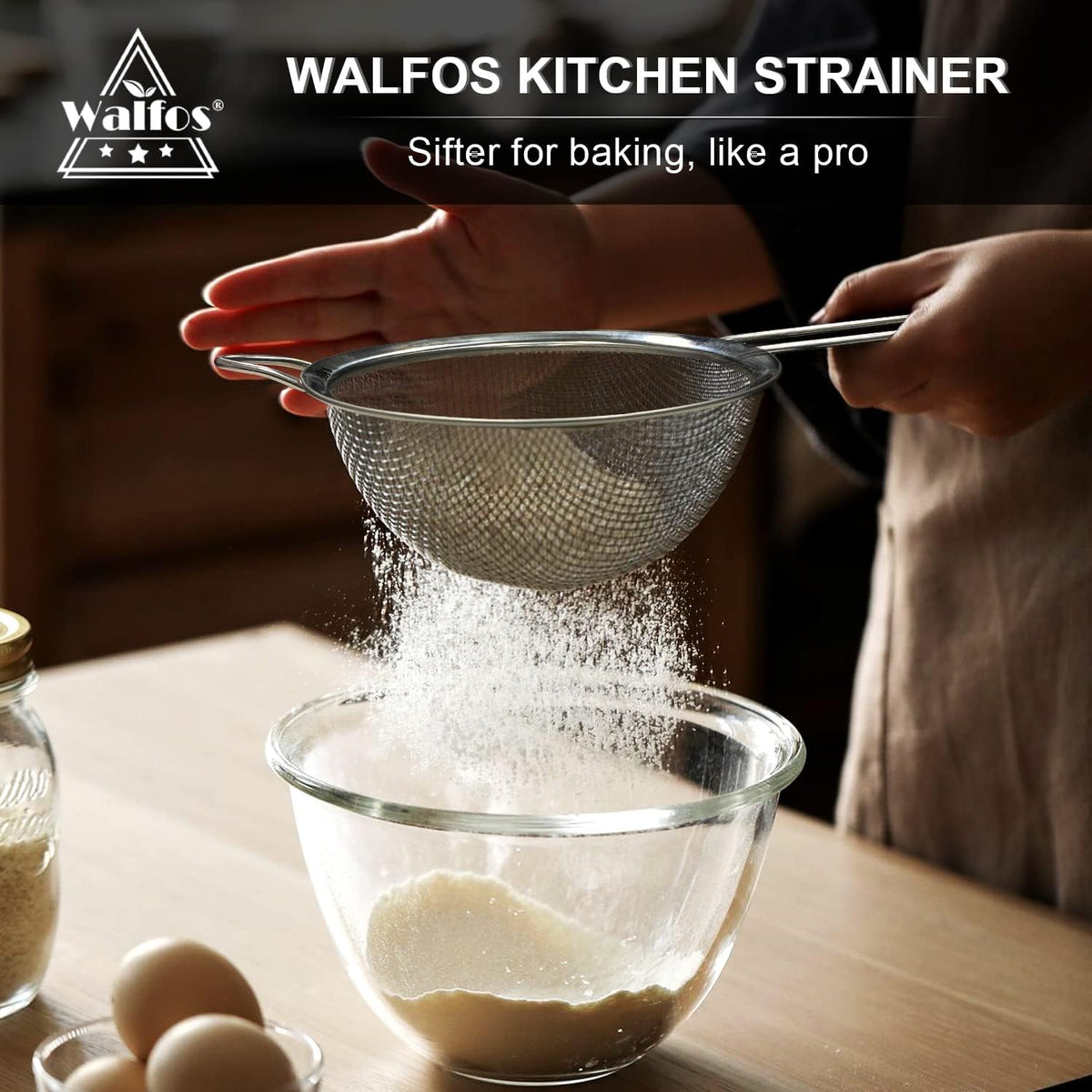 Walfos 6.3 Inch Fine Mesh Strainer, Premium Stainless Steel Sieve and Sifter with Handle, Kitchen Metal Strainers for Rice, Quinoa, Fruits, Noodles, Flour