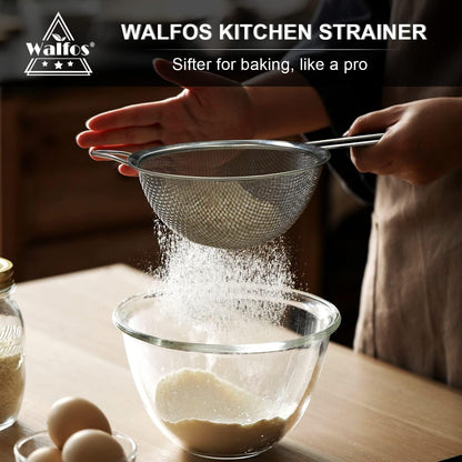 Walfos 6.3 Inch Fine Mesh Strainer, Premium Stainless Steel Sieve and Sifter with Handle, Kitchen Metal Strainers for Rice, Quinoa, Fruits, Noodles, Flour