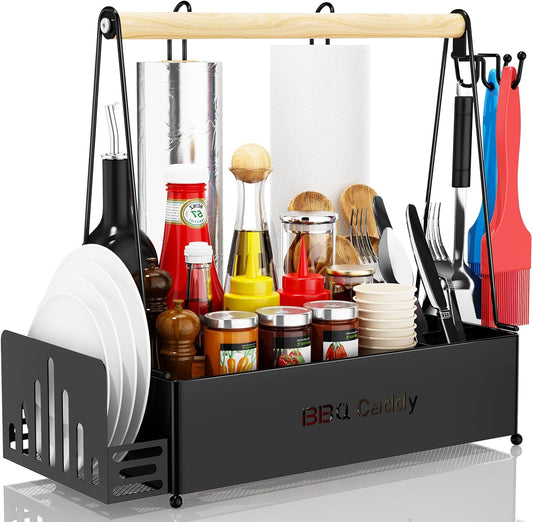 JBBTOOL Grill Caddy with 2 Paper Towel Holders, BBQ Caddy for Outdoor Grill, Picnic Condiment Utensil Caddy, Camping Essentials, RV, Tailgating, Grilling Accessories, Camping Kitchen, Gifts for Men