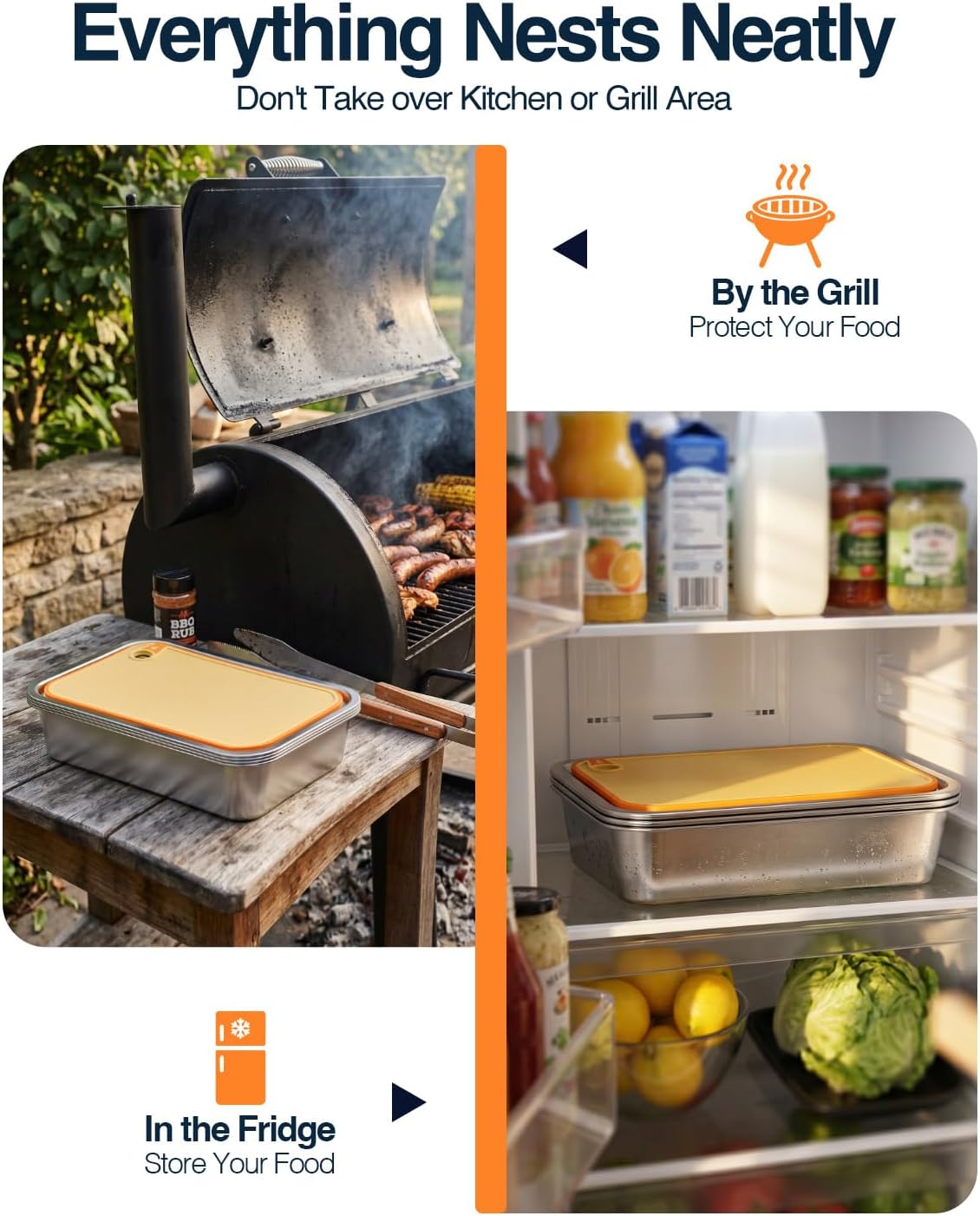 5 in 1 Grill Prep Tray and Carry System, Large Grilling Prep and Serve Trays with Lid and Cutting Board, Deep Meat Marinating Container as BBQ Grilling Gift, Home Series, L