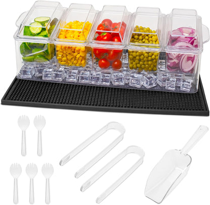 Ice Chilled Serving Trays for Party – 5Pcs Serving Dishes Condiment Cups with Lids Include Spill and Condensation Mat, Serving Utensils – Large Ice Tray and Convenient Draining Hole