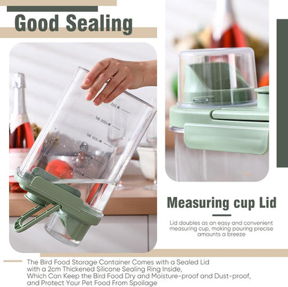 Maxdot 2 Pcs Bird Food Storage Container, Bird Seed Container with Lids Airtight Cup Pet Parrot Food Storage 1.7 Qt & 3 Qt Measuring Containers Easy Pour Spouts for Macaws African Cockatoos(Green)