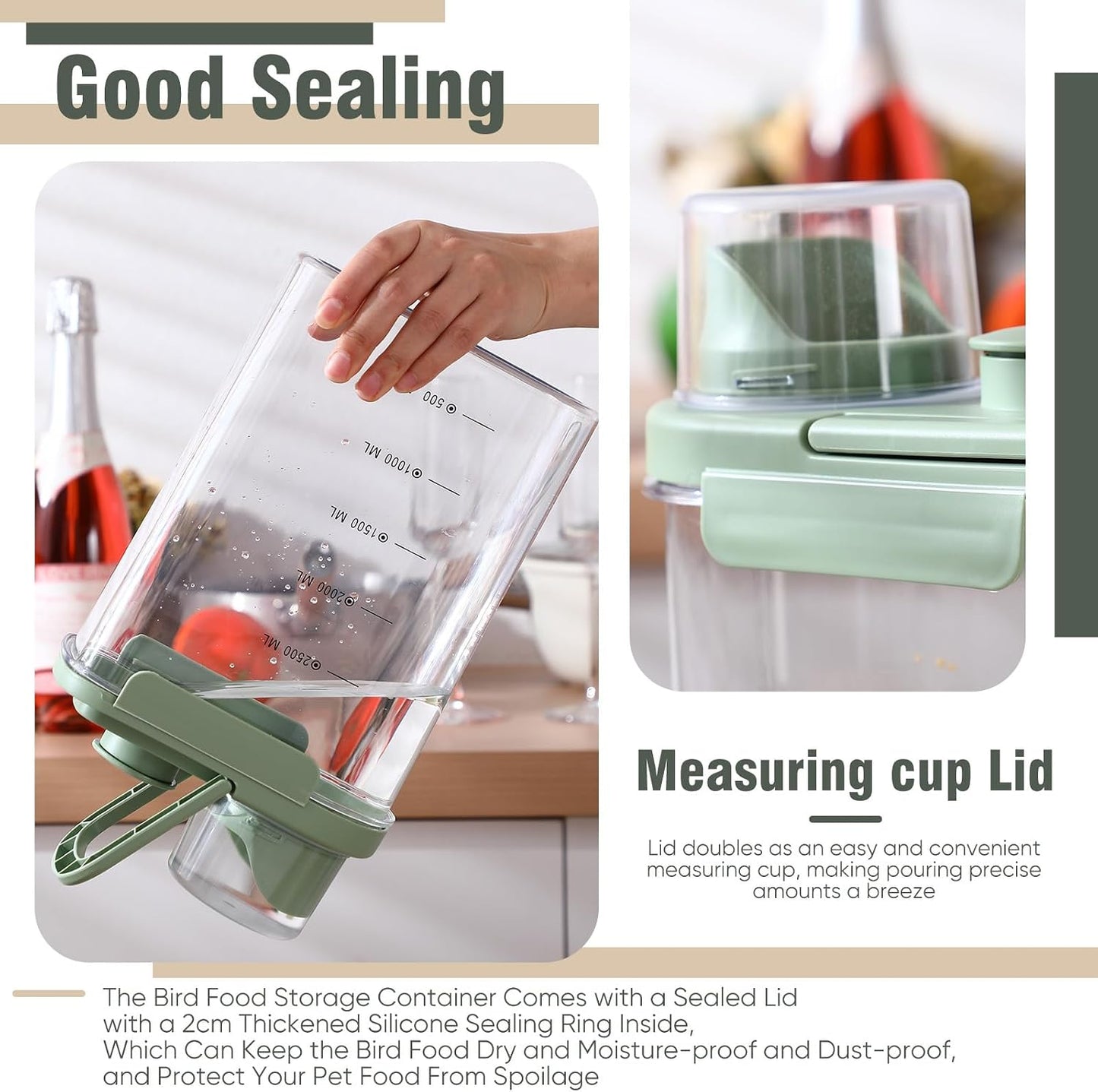 Maxdot 2 Pcs Bird Seed Storage Container 3 Qt/2.8 L with Tight Lids Airtight Cup Pet Food Storage Measuring Containers Lids with Pouring Spouts for Macaws African Grey Cockatoos (Beige)