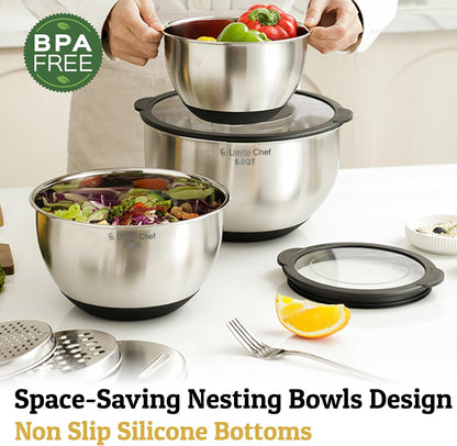 Mixing Bowles Set with Lids Set - Warp-Proof TPR-AS Lids, Stainless Steel Mixing Bowl with 3 Graters & Measuring Lines, Non-Slip Bowls for Baking, Prep, Airtight Food Storage (Khaki 5/3/2/1.5/0.63QT)