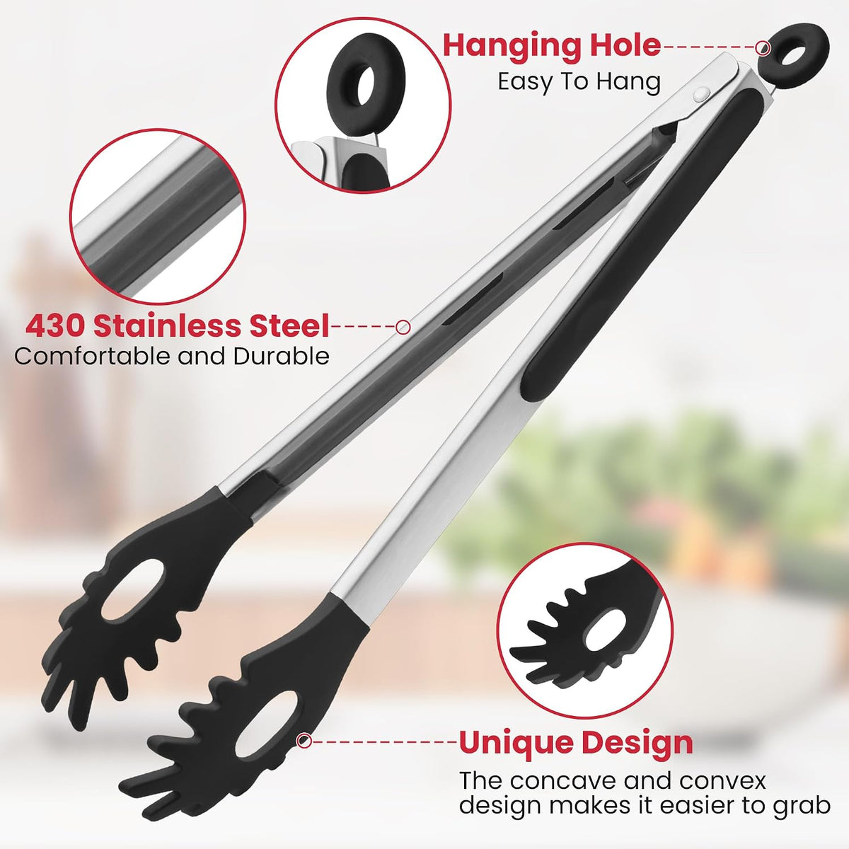 2 PCS Pasta Tong Spaghetti Tongs, 9" & 12-Inch Heat Resistant Pasta Tongs