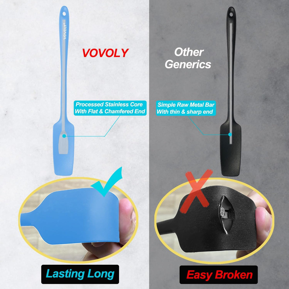VOVOLY Silicone Jar Spatulas, Long Handle Jar Spatulas, 600ºF Heat Resistant Small Spatula, Seamless Design, Stainless Steel Core, BPA Free Spoonula (3, Mixed)